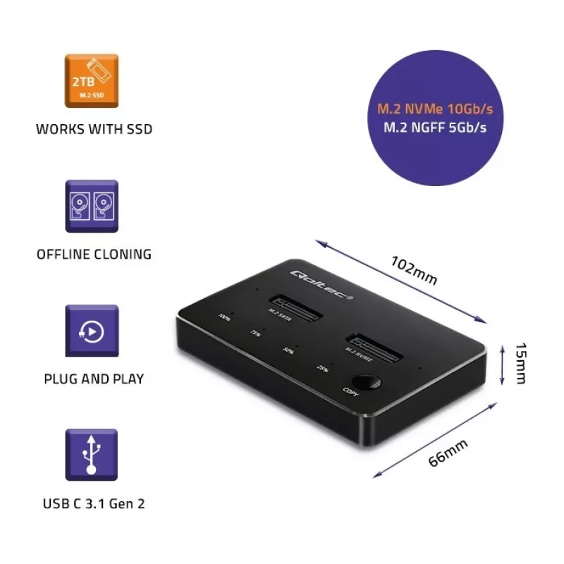 Qoltec 52274 Dock para SSD M.2 | NVMe | SATA | USB-C | DUAL 2 x 2TB