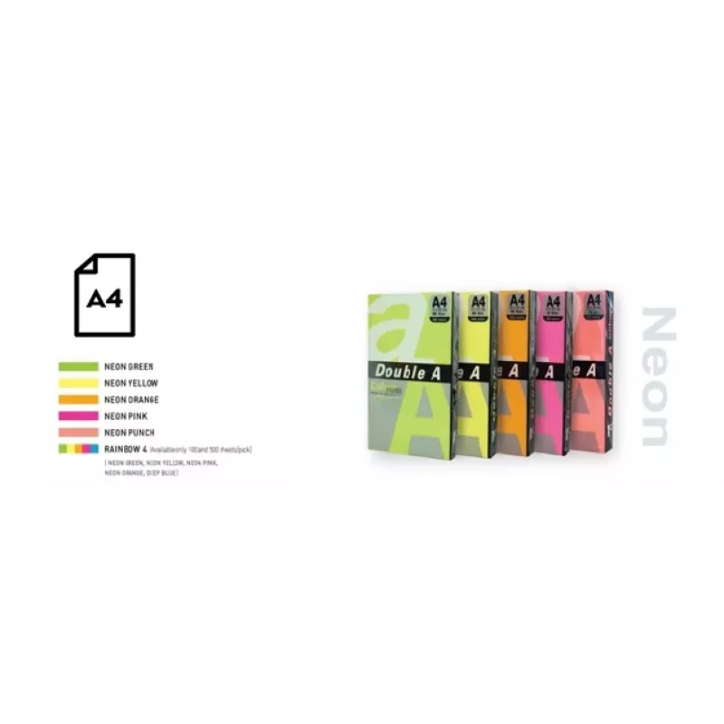Papel néon colorido Double A, 75 g, A4, 100 folhas, Rainbow 4, 5 cores néon