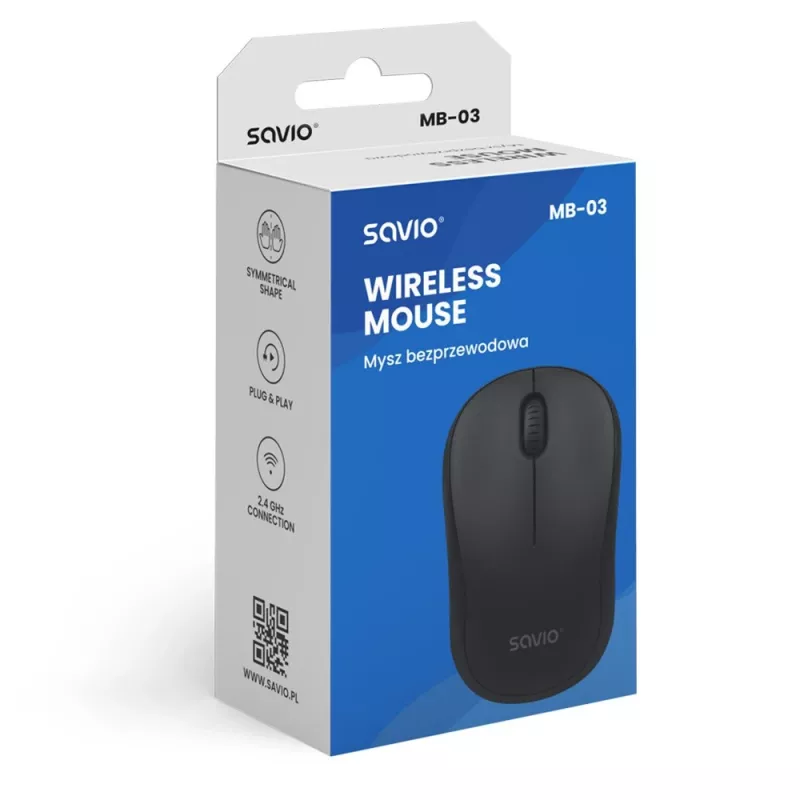 Savio MB-03 rato ótico sem fios, recetor USB de 2,4 GHz, 1000 DPI, 3 botões, pilha AA, 99x60x39 mm, 51 g, preto