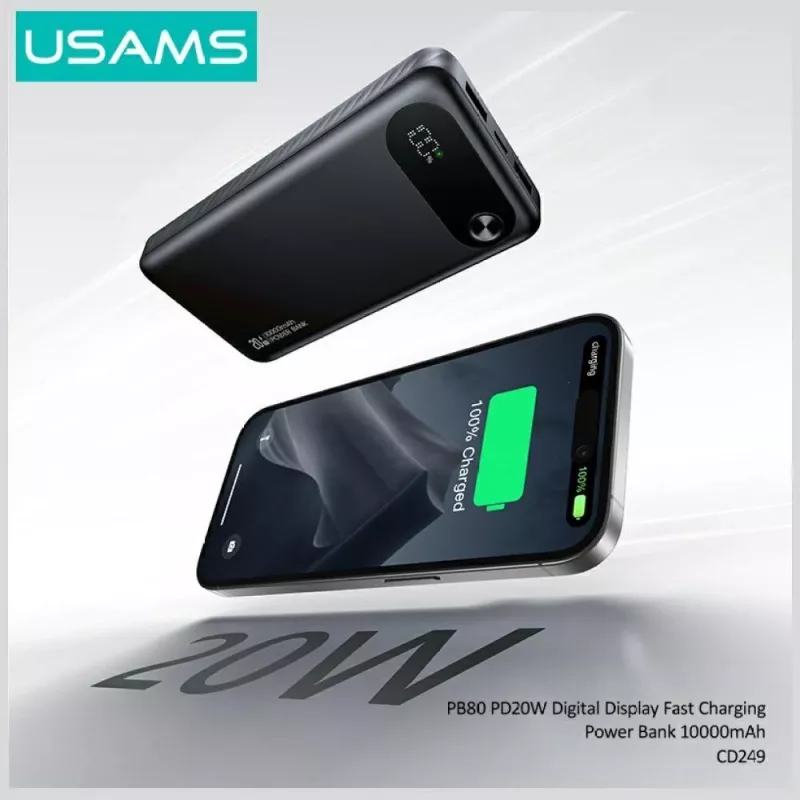 Powerbank usams PB80 PD20W 10000mAh — carregador portátil, preto