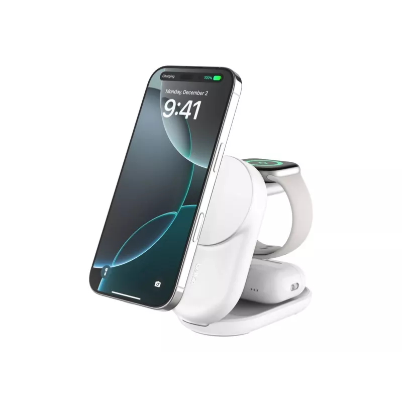 Carregador de interior Belkin UltraCharge 25W Qi2 3em1 carregador magnético UE branco redondo