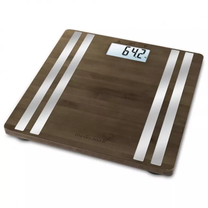 Balança de pessoa eletrónica Medisana BS 552 — cor prateada com superfície de bambu, máx. 180 kg, precisão de 100 g, Bluetooth, IMC, composição corporal