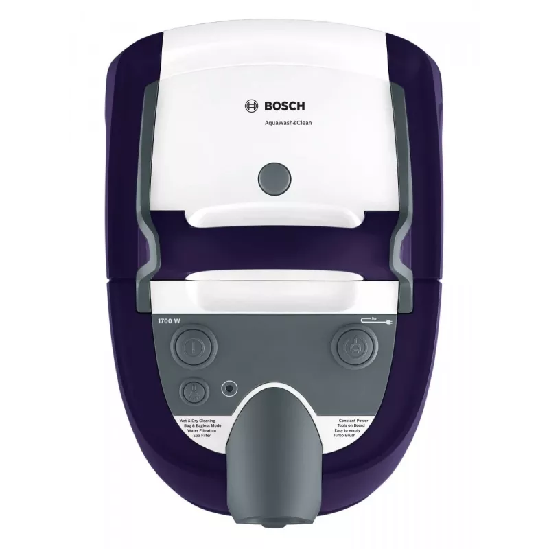 Aspirador de água e pó Bosch BWD 41740 AquaWash&Clean — 1700 W, depósito de 5 litros, filtro EPA, tubo telescópico, raio de 9 m, roxo