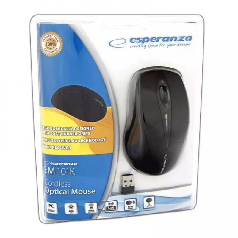 Rato RF sem fios ESPERANZA EM101K, para ambas as mãos, 1000 DPI, recetor nano USB 2,4 GHz, preto