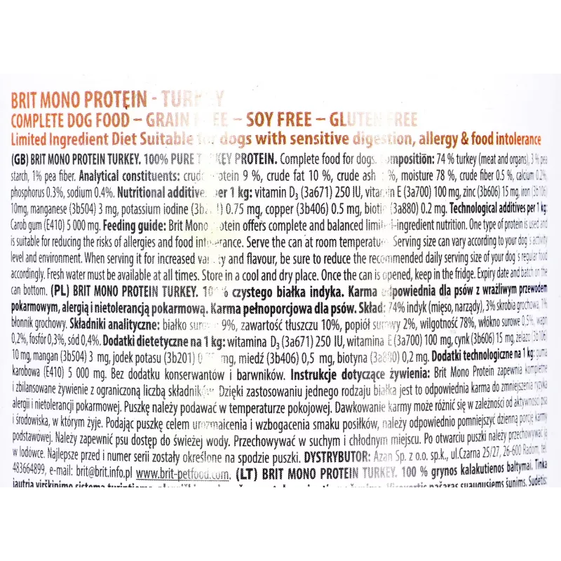 BRIT Mono Protein peru - comida húmida para cães - 400 g