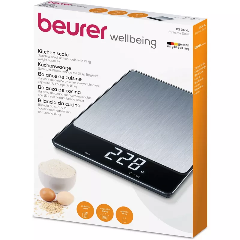 Balança de cozinha Beurer KS 34 XL aço inoxidável, capacidade 5 kg, precisão 1 g