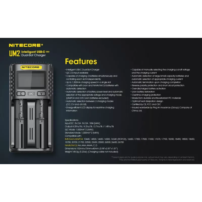 Carregador de pilhas Nitecore UM2 pilha doméstica DC iões de lítio níquel-cádmio