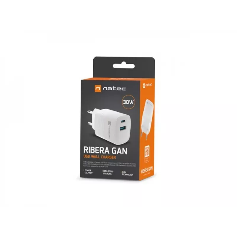 Carregador com fio para dispositivos móveis NATEC NUC-2140, 30W, USB-C PD 3.0 + USB-A, Samsung AFC, branco
