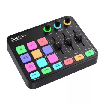 Misturador de áudio e placa de som USB OneOdio Solocaster – interface de secretária compacta para streaming e gravação