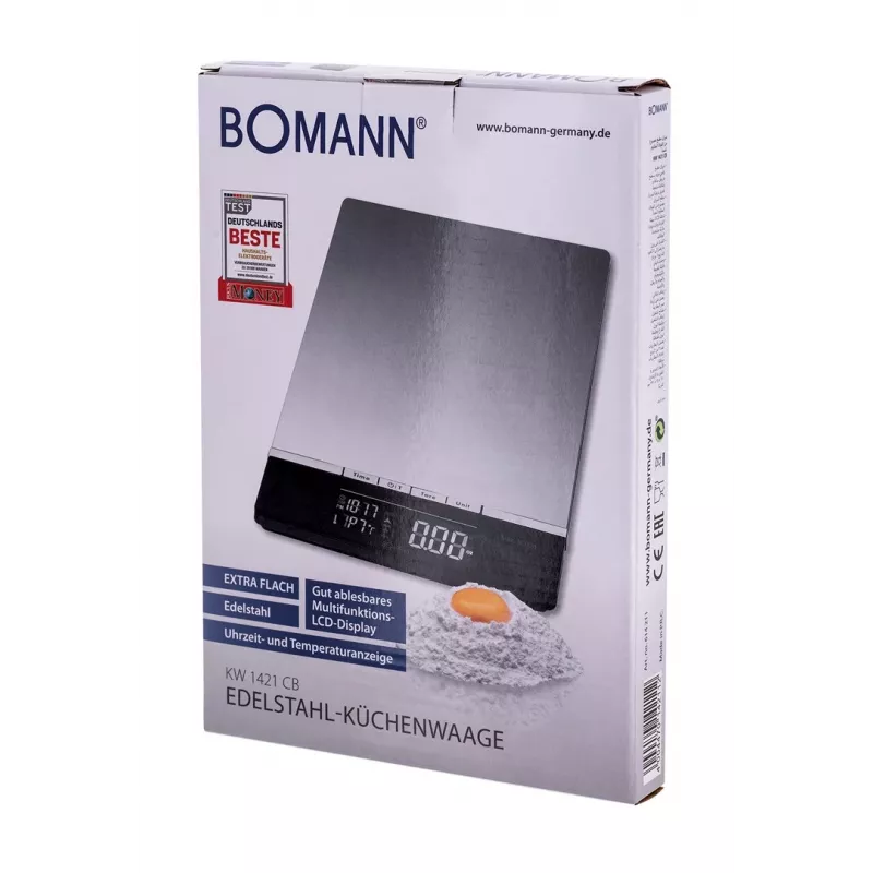Bomann KW 1421 CB balança de cozinha, ecrã LCD, aço inoxidável, 160 x 230 x 18 mm, AAA, preta (614211)