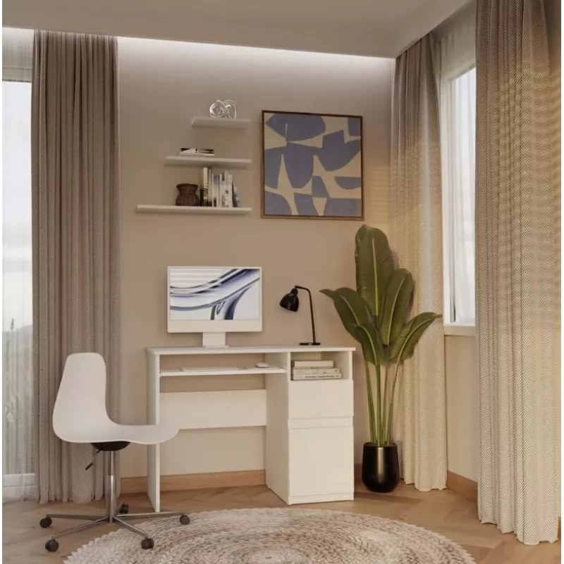 Secretária e shop PORTO direita branco, tampo retangular de aglomerado 985×510×755 mm, 1 gaveta, prateleira para teclado