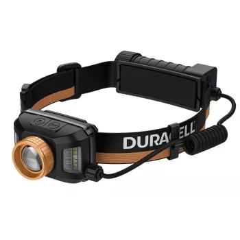 Lanterna de cabeça Duracell DH1500R — preta/laranja, iluminação recarregável mãos livres