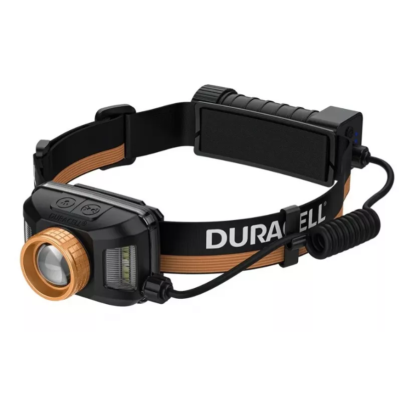 Lanterna de cabeça Duracell DH1500R — preta/laranja, iluminação recarregável mãos livres