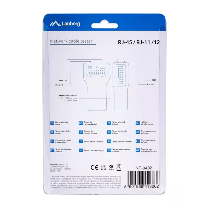 Lanberg NT-0402 testador de cabos de rede PoE, azul/branco