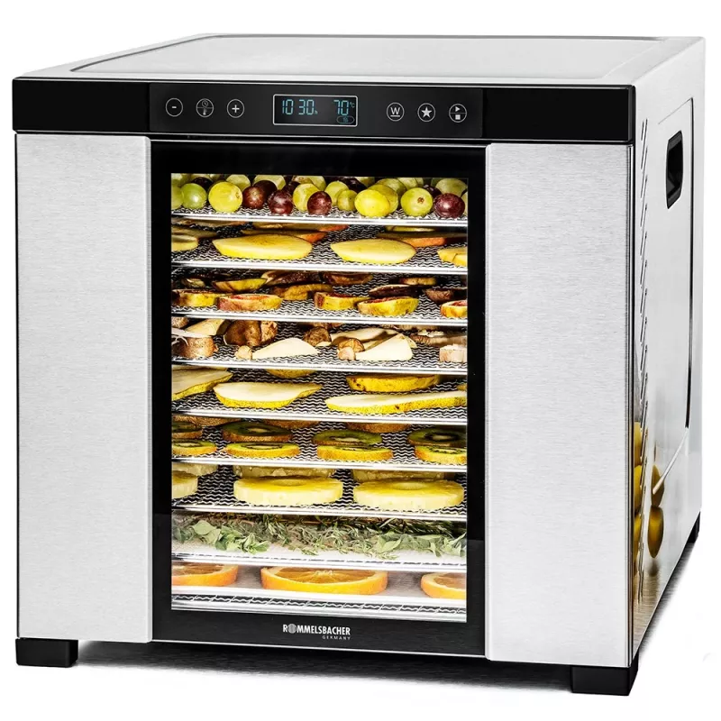 Desidratador Rommelsbacher DA1050, aço inoxidável, 5 níveis (10 tabuleiros de aço inoxidável), regulável 35–75 °C, temporizador de 99 h, 1,6 m² de superfície de secagem