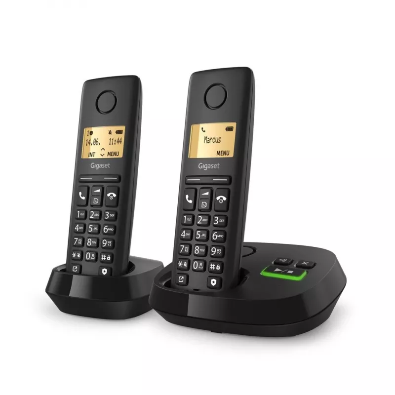 Telefone sem fios analógico/DECT Gigaset PURE 100A Duo — 2 auscultadores, alta-voz, identificação de chamadas, ecrã de 1,5 polegadas, preto