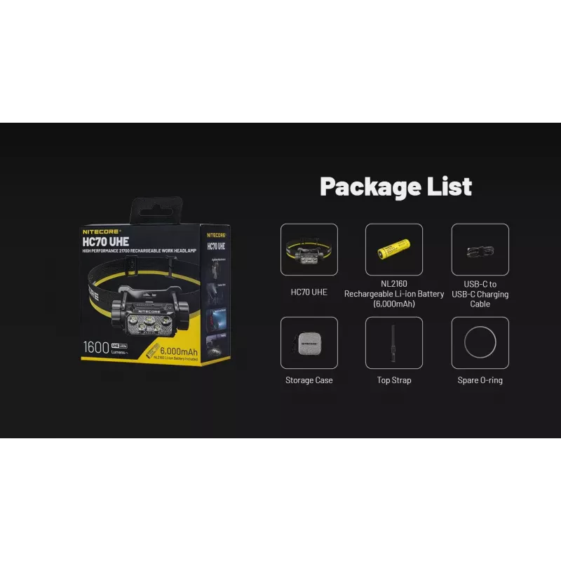 Nitecore HC70 UHE lanterna de cabeça, 1600 lm, 6 LED, IP68, recarregável por USB, alumínio, 172 g, preta