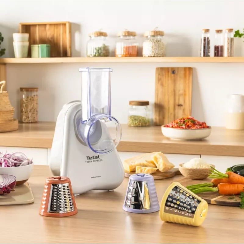 Cortador de legumes elétrico Tefal Fresh Express DN853BE0 — 150 W, 3 discos intercambiáveis, 1 velocidade, creme