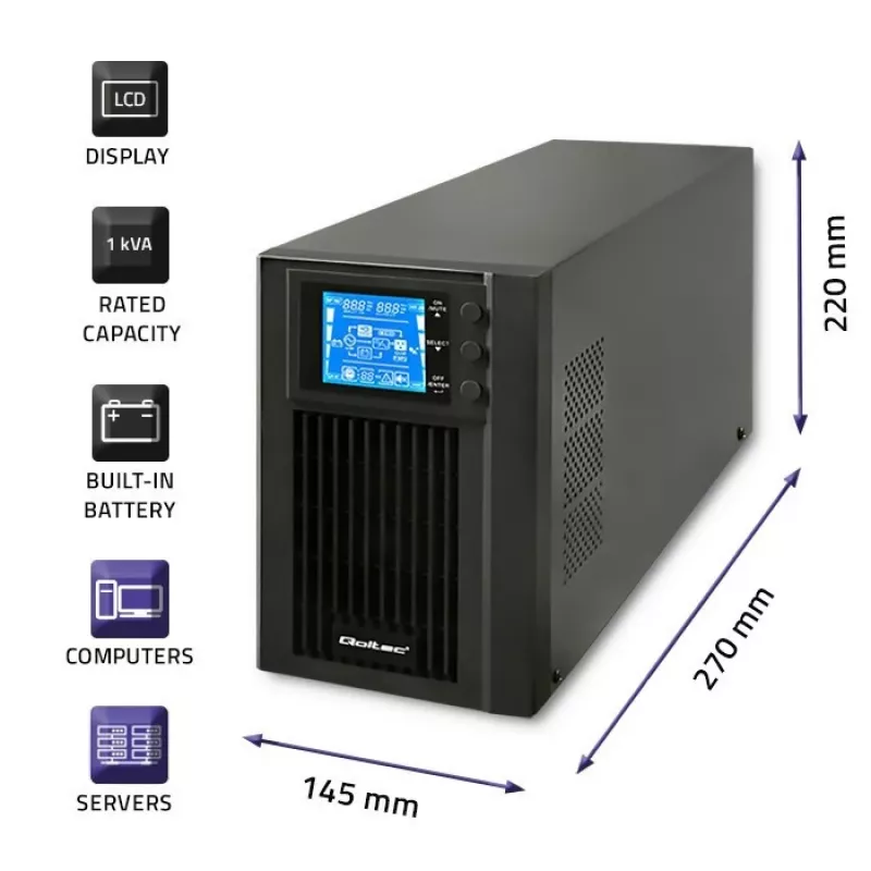 UPS Qoltec 53042 (fonte de alimentação ininterrupta) dupla conversão (online) 1 kVA 800 W 2 tomadas AC