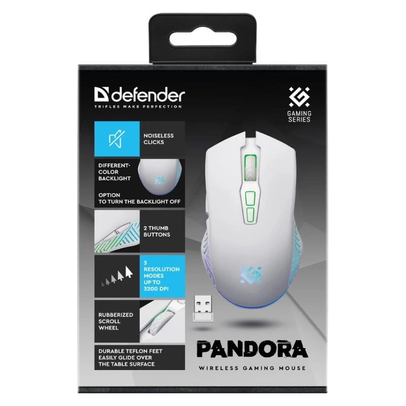 Rato gaming sem fios DEFENDER Pandora White – ambidestro, 3200 DPI, 6 botões, programável, ótico, USB