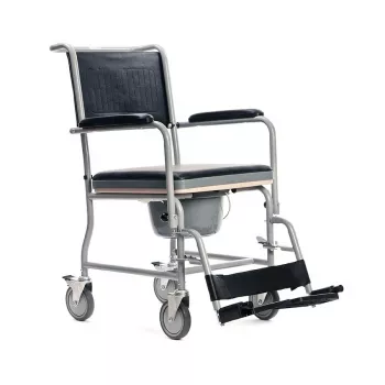 Cadeira de rodas sanitária MDH PLW006VC — cadeira sanitária dobrável de aço, 4 rodas, máx. 110 kg, assento 43×43 cm, largura 530 mm, peso 11,2 kg