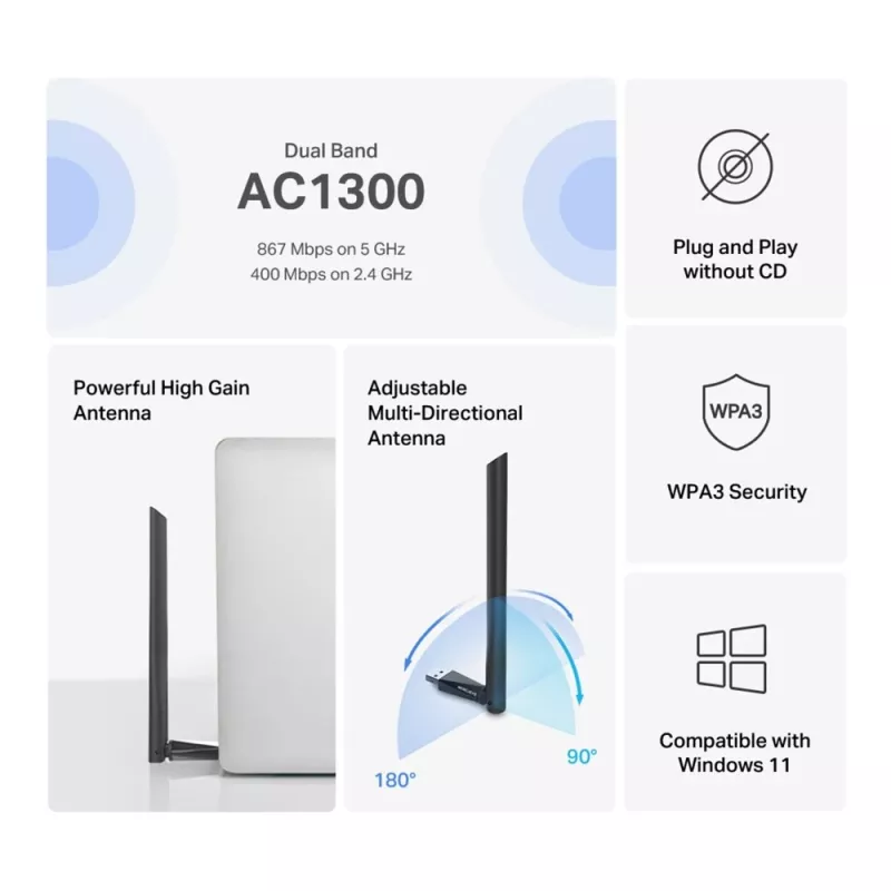 Mercusys MA30H adaptador Wi-Fi USB AC1300 High Gain de banda dupla, preto