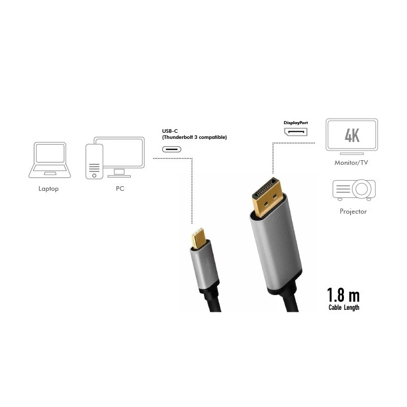 Adaptador de cabo LogiLink CUA0100 DisplayPort USB 3.2 Gen1 Type-C 1,8m preto cinzento