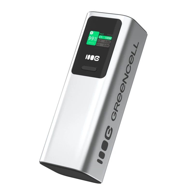 Bateria portátil Green Cell PBGC25UD, 25200 mAh, Li-Ion, 140 W de potência total, 2× USB-C + 1× USB-A, ecrã OLED, caixa em alumínio