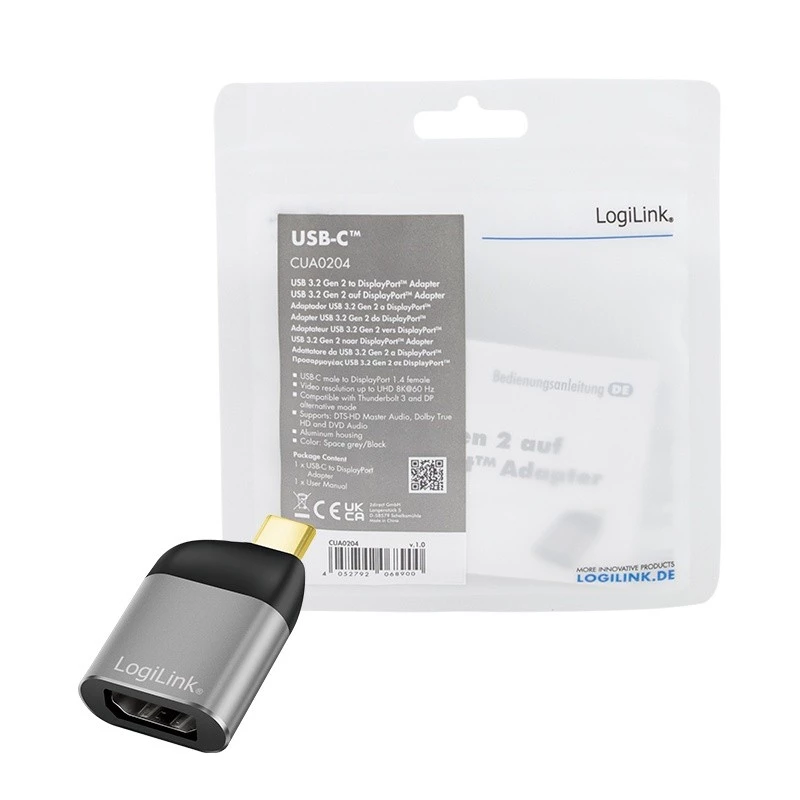 Adaptador LogiLink CUA0204 USB-C para DisplayPort preto cinzento