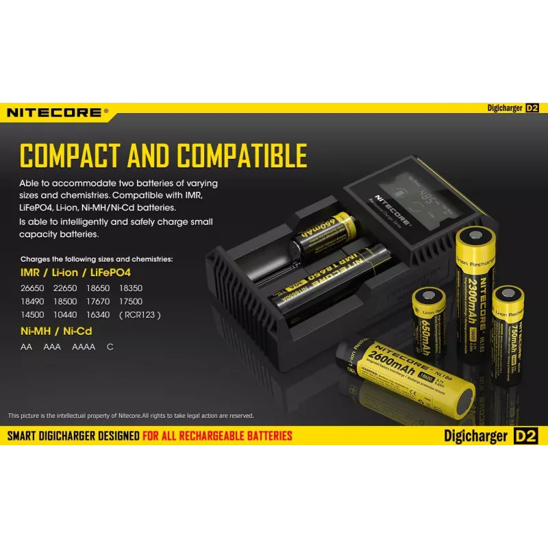 Carregador de pilhas Nitecore D2 — carregador de 2 compartimentos para pilhas AA/AAA/AAAA/C, tensão de entrada 100–240V, tensão de saída 4,2V, preto