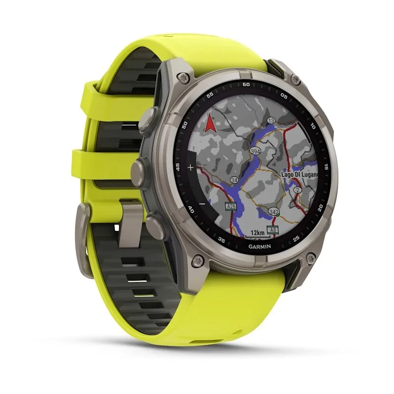 Garmin fenix 8 Solar Sapphire 47 mm relógio inteligente GPS, ecrã tátil de 3,3 cm (1,3") 260 x 260, Wi-Fi, titânio, bracelete de silicone amarela/grafite, amarelo