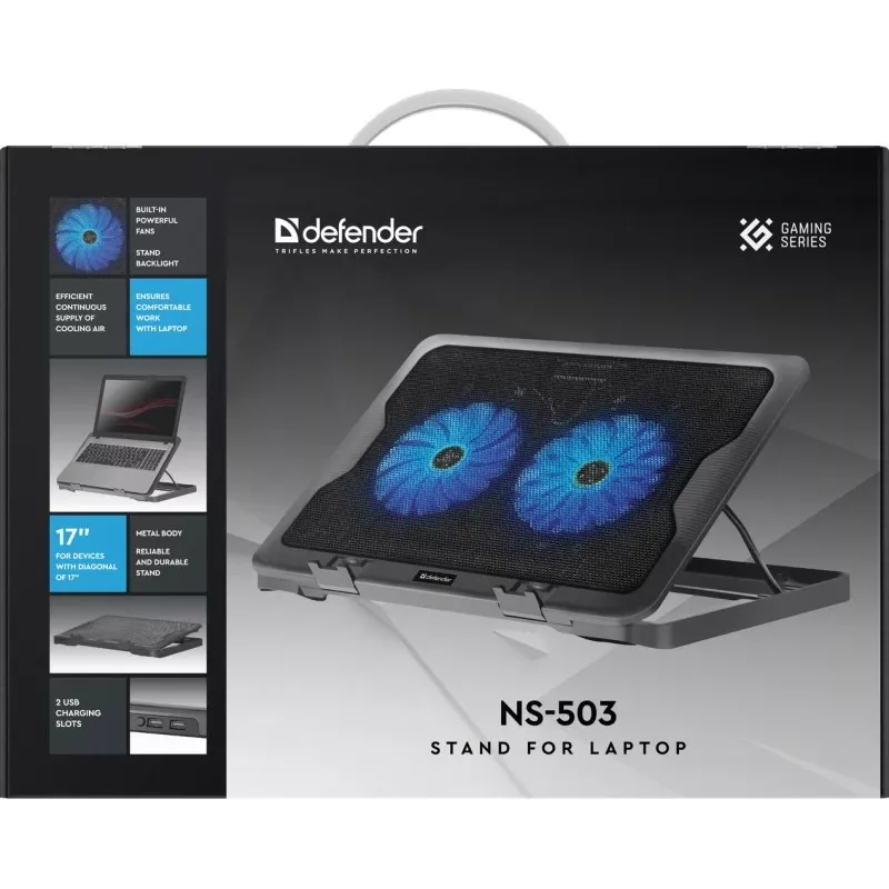 Base de arrefecimento para portátil DEFENDER NS-503 para portáteis até 43,2 cm (17 polegadas), 2 ventoinhas, alimentação USB, preta