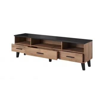 Móvel de TV Cama Meble LOTTA 180 cm — estrutura em carvalho wotan, tampo superior preto mate, 1800×400×530 mm