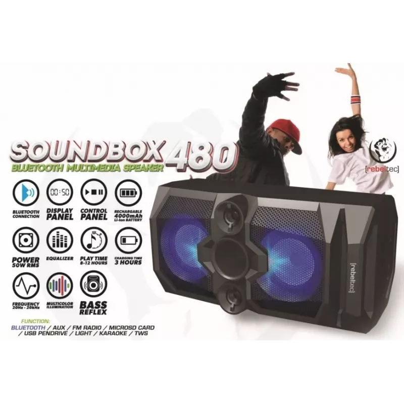 Rebeltec SoundBox 480 altifalante Bluetooth estéreo portátil preto, 50W RMS