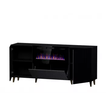 Cómoda com lareira elétrica Cama Meble PAFOS 180x42x82 cm preto mate, 3 portas, 2 prateleiras, 1400–1600 W