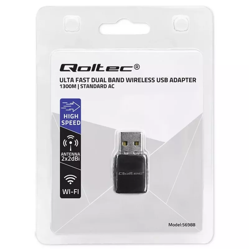 Adaptador USB sem fios QOLTEC 56988 Dual Band 1300Mbps USB 3.0
