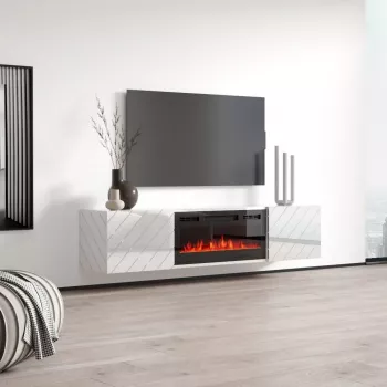 Móvel de TV cama meble LUXE 1826×345×375 mm branco brilhante com lareira elétrica preta incorporada (1400–1600 W)