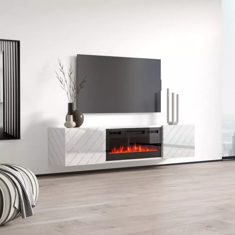 Móvel de TV cama meble LUXE 1826×345×375 mm branco brilhante com lareira elétrica preta incorporada (1400–1600 W)