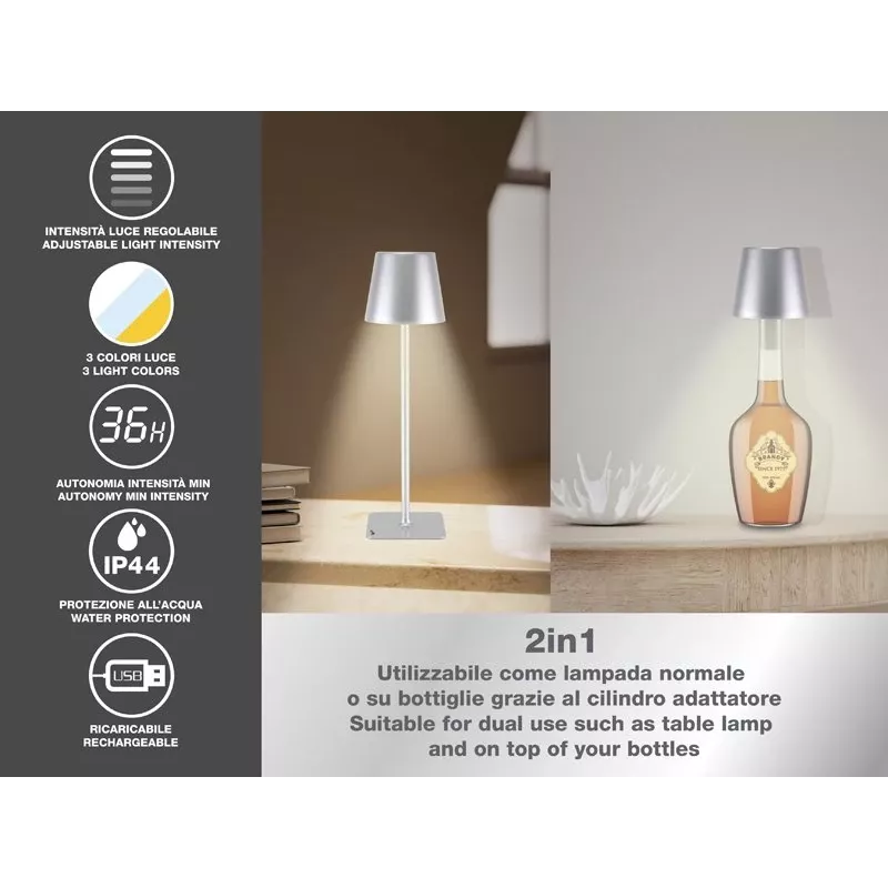 Beper P201UTP117 candeeiro de mesa LED recarregável, 1,5 W, interruptor tátil, regulável, adaptador para garrafa de 33 mm, resistente à água, prateado