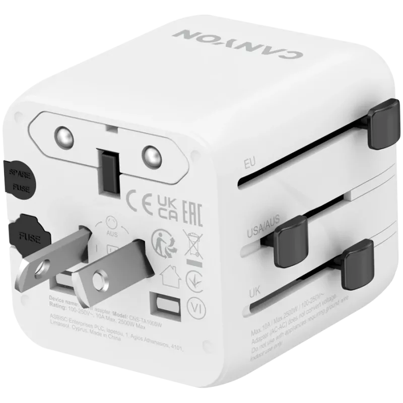 Adaptador de viagem CANYON OnTour One EU UK US AUS branco (CNS-TA1005W) – conversão universal de fichas para EU/UK/US/AUS