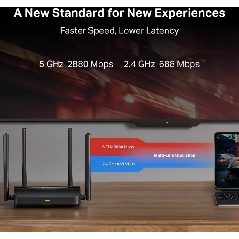 Router de mesa MERCUSYS MR25BE EasyMesh Wi‑Fi 7 Dual‑Band 2,4/5 GHz, 3600 Mbit/s, 3× Gigabit-LAN, 4 antenas externas