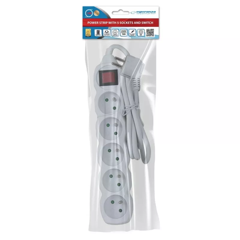 Régua de tomadas ESPERANZA ELK214W 1,5 m, 5 tomadas tipo E, interior, branco