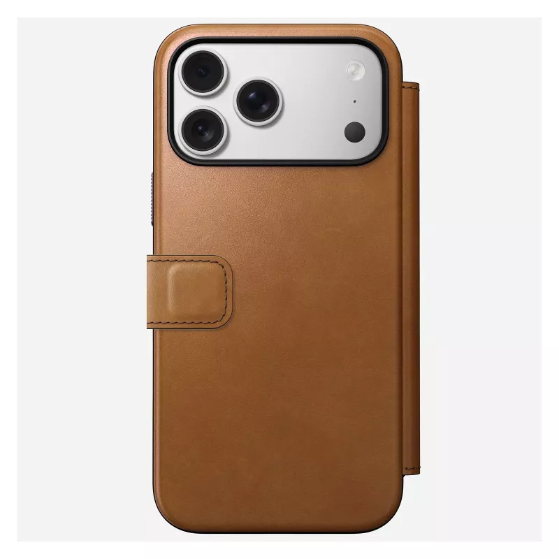 Capa tipo carteira para telemóvel Nomad Modern Leather Folio para iPhone 17 Pro Max – tan, compatível com ecrã até 17,5 cm (6,9 polegadas), 4 compartimentos para cartões