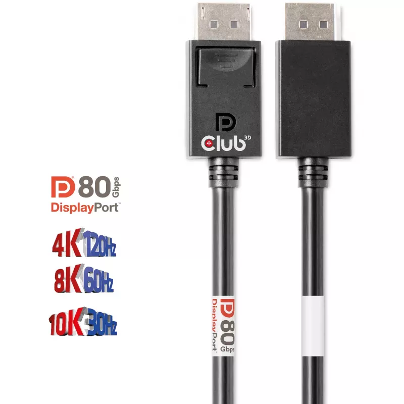 Club 3D CAC-1091 cabo DisplayPort 2.1, certificado VESA DP80, bidirecional, 4K120Hz / 8K60Hz / 10K30Hz, macho/macho, 1,2 m