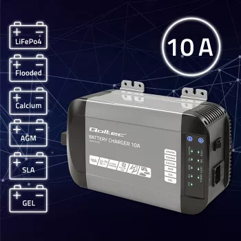 Qoltec 51952 carregador inteligente Monolith para baterias LiFePO4/AGM/GEL/SLA, 10 A, 24 V