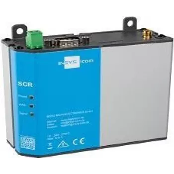 Router 4G INSYS icom SCR-L200 — montagem em calha DIN/parede, antena SMA, BGP/OSPF/RIP, LAN 10/100 Mbit/s, MiniSIM, cinzento