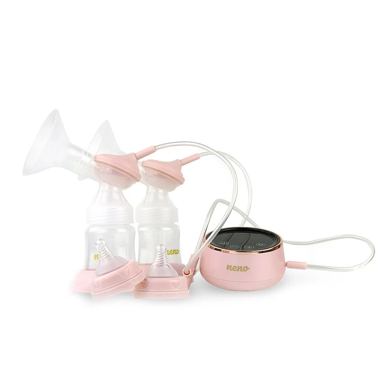Bomba tira-leite elétrica neno Bella Twin – eletrónica, biberões de 150 ml, 6 níveis de estimulação / 9 de sucção, bateria de iões de lítio USB, rosa/transparente