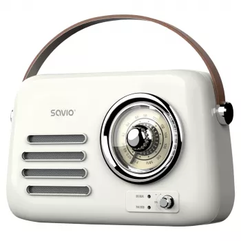 Rádio portátil SAVIO RS-02 — sintonizador FM analógico, Bluetooth 5.3, alimentação USB, 3 W, branco
