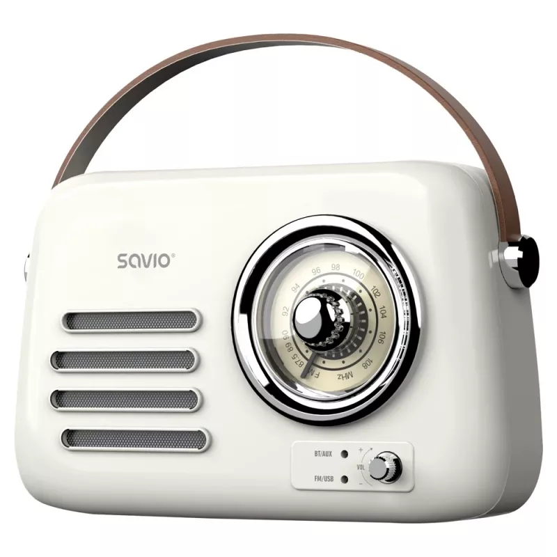 Rádio portátil SAVIO RS-02 — sintonizador FM analógico, Bluetooth 5.3, alimentação USB, 3 W, branco
