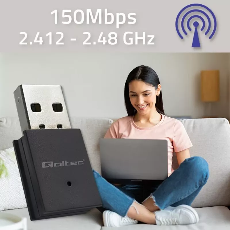 Adaptador Wi-Fi Mini USB sem fios compacto QOLTEC 57007 – Single-Band 2,4 GHz, até 150 Mbit/s, antena interna